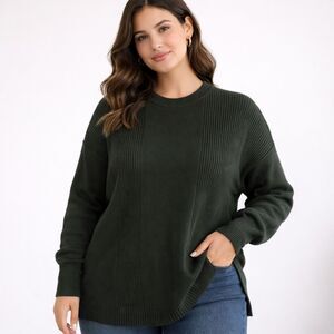 Beige Ribbed Fleet Top Pullover Sweater Long Sleeve Green 4